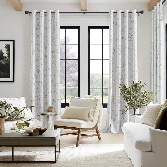 ChrisDowa 100% Blackout Floral Curtains 84 Inches Long 2 Panels for Bedroom Living Room Sage Green Flower Patterned Room Darkening Thermal Insulated Soundproof Grommet Window Treatments Drapes,52X84