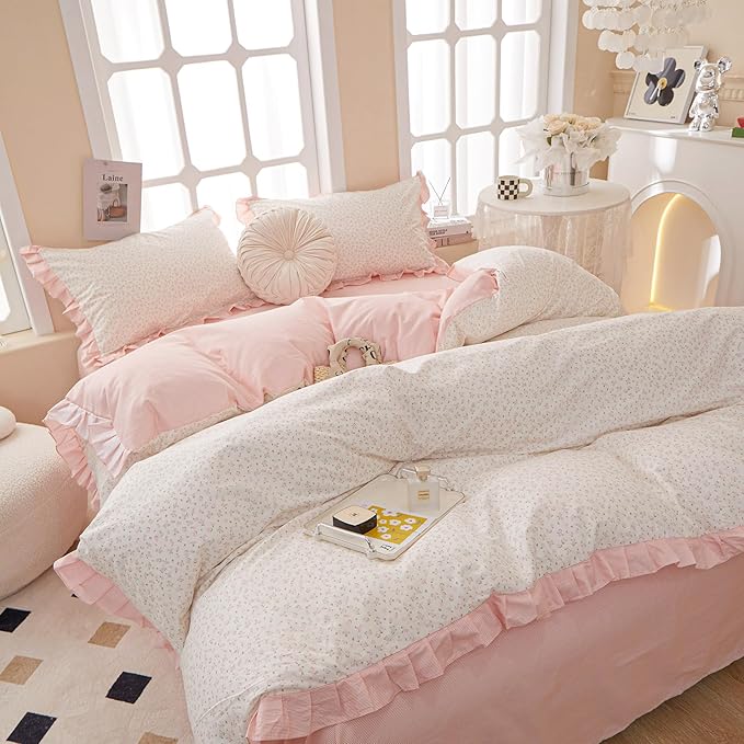 VM VOUGEMARKET Pink Flower Comforter Set Twin XL 3 Pieces Ruffle Comforter with 2 Pillow Shams Romantic Princess Bedding Comforter Set for Teen Girls-68 x90