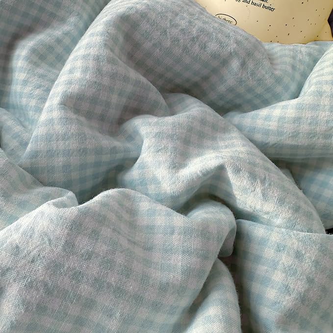 LifeTB Blue Gingham Duvet Cover King 3 Pieces Blue Plaid Comforter Cover with Chic White Lace Soft Microfiber Checkered Grid Duvet Cover with 2 Pillowcases Breathable Gingham Plaid Bedding Set