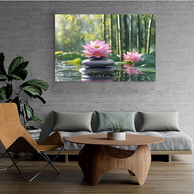 Ethereal pink lotus on obsidian Sunlit bamboo forest with sparkling water drops Poetic nature inspired wall art for tranquil homes and mindful spaces 8x12in Wood Framed