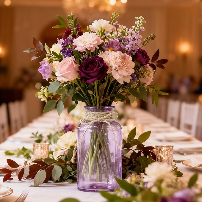 Vintage Glass Flower Vase，12 Pack Farmhouse Purple Glass Centerpiece Vases Mason Jars for Weddings, Parties & Home Decor Bulk (12, Purple)