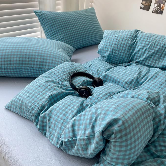 LifeTB Queen Comforter Set Blue Grey Gingham Comforter with 2 Pillowcases Modern Style Geometric Plaid Grid Comforter Farmhouse Gingham Bedding Set 3 Pieces Fluffy Checkered Comforter Set