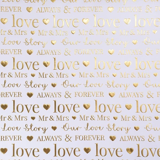 RUSPEPA Wrapping Paper Roll, Bridal Shower Gift Wrap, Mini Roll, 17 Inches x 16.5 Feet, White and Gold Foil LOVE Design for Wedding, Anniversary, Engagement