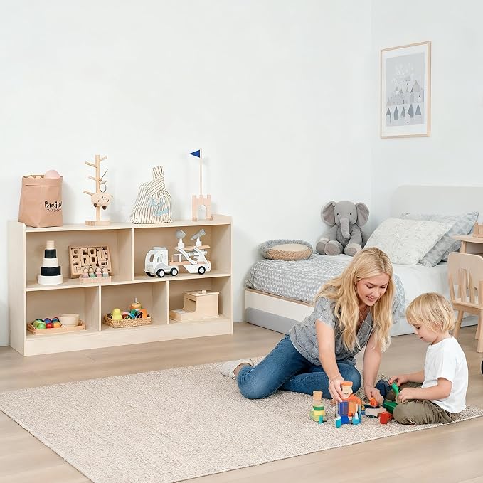 Wooden Toy Shelf for Kids, Montessori Book & Toy Organizer with Open Shelving, 5-Section Customizable Layout for Kids’ Room, Playroom & Classroom