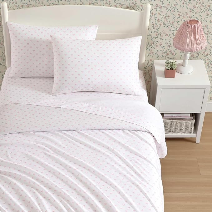 Laura Ashley Kids - Twin XL Sheet Set, Soft & Wrinkle-Resistant Toddler Bedding Set, Deep Pockets, Girl Bed Sheets with Matching Fitted Sheet & Pillowcase (Lovely Bows Pink)