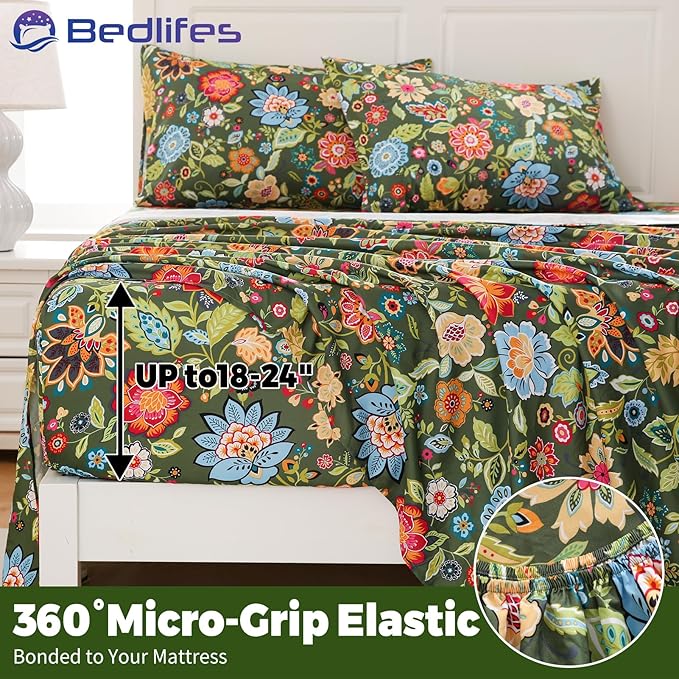 Bedlifes Extra Deep Pocket 18-24" King 4-Piece Sheet Set - Cooling Sheets Blend Rayon Derived from Bamboo Soft & Breathable Floral Dark Green