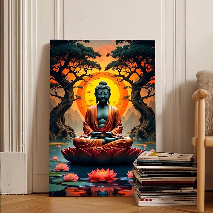Canvas wall art Golden Buddha on lotus at sunset Ancient trees with reflections on water Serene meditation scene Uplifting wall art for mindfulness and tranquil home decor 20x30in Frameless