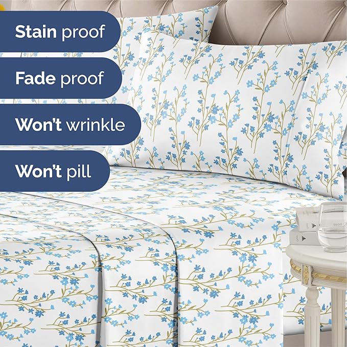 Floral Sheets - Blue Floral Bed Sheet Set - 1 Flat, 1 Fitted & 2 Pillowcases w/ Deep Pockets - Comfy, Wrinkle & Fade Free - Boho Botanical Bedding - Ultra-Soft, Breathable & Cooling - Queen Size Set