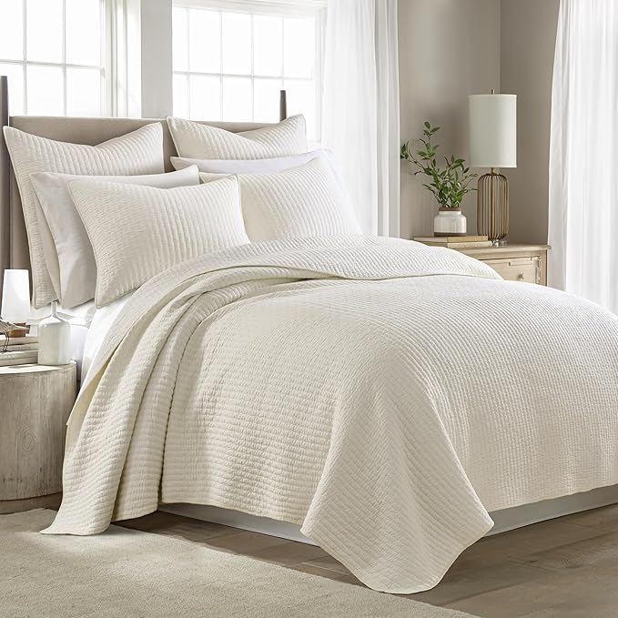 Levtex Home Cross Stitch Reversible Twin XL/Twin Quilt Set (68x86in) with 1 Pillow Sham (26x20in) - Stitch Texture - Cream - 100% Cotton Twin Size Quilt Bedding Set - Lightweight, Soft, Pre-Washed