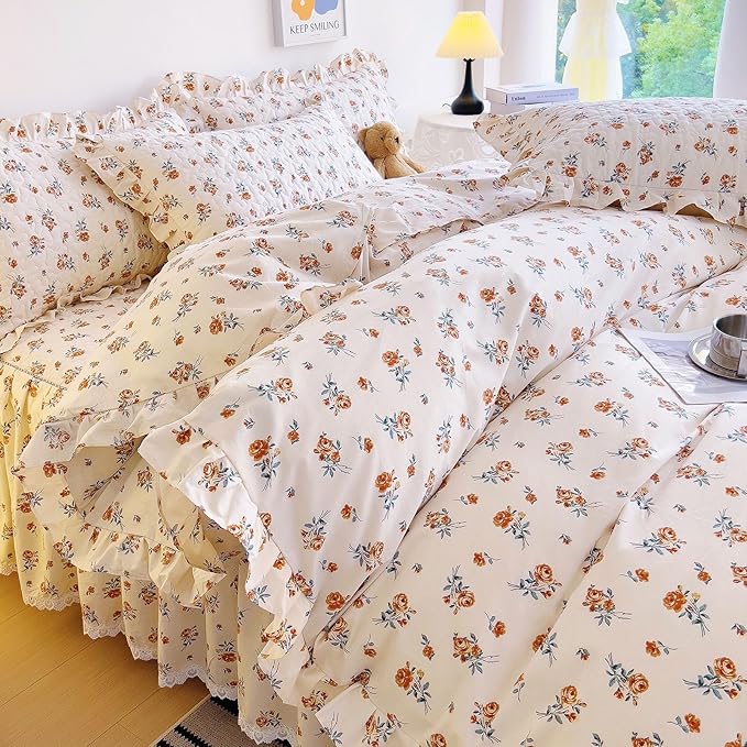 EAVD French Garden Cute Floral Duvet Cover with Ruffles Soft Cotton Chic Romantic Floral Bedding Set with 2 Pillowcases Fresh Botanical Duvet Cover with Zipper Closure