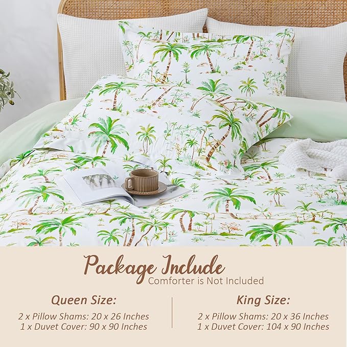 LONAVA Queen Tropical 3 Pcs Duvet Cover Set, Breathable Soft Microfiber Sage Green Lining Comforter Cover with Zipper Closure, and 2 Anti-Pilling, Fade Resistant Pillowcases, Summer Tree