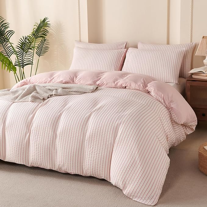 Striped Duvet Cover Set King Pink Washed Microfiber Jacquard 3 Pieces Bedding Set, White Pink Vertical Ticking Stripes Pattern Comforter Cover with Zipper Closure Breathable Durable Soft Comfy