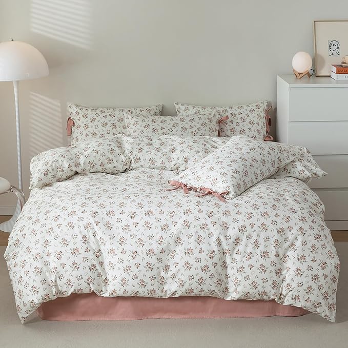 Boho Floral Duvet Cover Full Girl Soft Cotton Pink Floral Bedding Set for Teen Dorm with 2 Bow Tie Pillowcases,Aesthetic Chic Comforter Cover Full with Zipper Closure,Room Decor Bedding