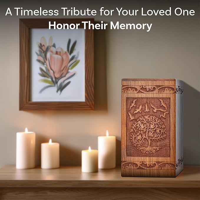 INTAJ Tree of Life Wooden Urn for Human Ashes, 115lbs Capacity, Suitable for Burial for Men, Women, Mom, Dad - Mini Rosewood Keepsake Cremation Urn for Ashes Handcrafted - Wooden Carved Box