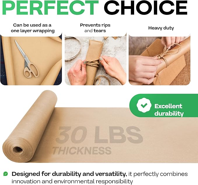 Brown Kraft Paper Roll 36" x 2160" (180 feet), Pack of 4 - USA-Made Brown Wrapping Paper 30lb Thickness for Packing, Moving, Shipping & Crafts - 100% Recycled Natural Craft Material by IDL Packaging