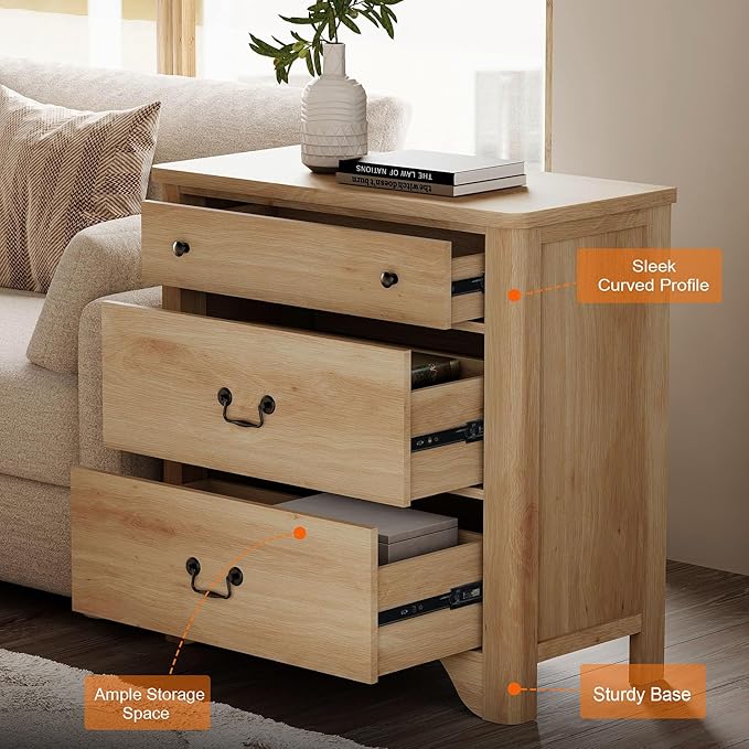 WAMPAT 3 Drawer Dresser for Bedroom, 31.5" Farmhouse Dresser, Kids Dressers for Nursery with Wide Chest of Drawers for Bedroom, Living Room, Oak