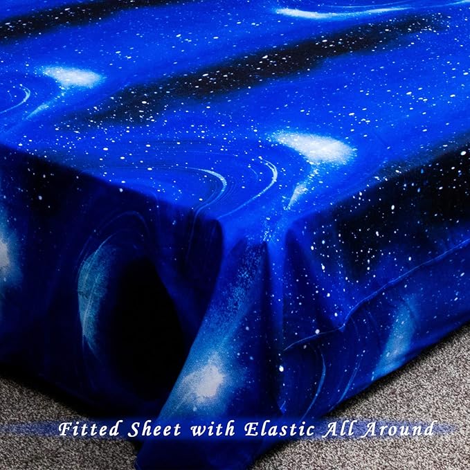 Bedlifes Galaxy Outer Space Sheet Set, Galaxy Themed, 3 pcs Including Flat Sheet, Fitted Sheet, and 1 Pillowcase (Light Blue Full)