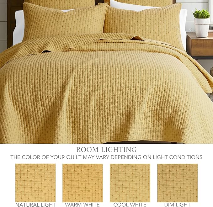 Levtex Home Cross Stitch Reversible Twin Bedspread Set (84x104in) with 1 Pillow Sham (26x20in) - Stitch Texture - Ochre - Cotton Twin Size Bedspread Set - Lightweight, Soft, Pre-Washed