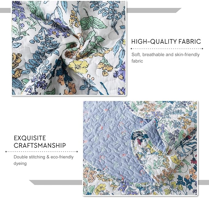 Travan 3-Piece Quilt Set Quilted Bedspread Lightweight Coverlet Set Garden Style Floral Printed Oversized Quilted Bedding Set for All Season, Secret Garden, Queen Size
