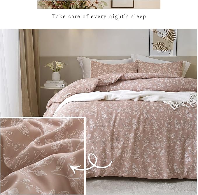 EAVD Fresh Dust Pink Floral Duvet Cover Twin Girls Soft Cotton Garden Flower Bedding Set with 2 Pillowcases Chic Vintage Botanical Floral Comforter Cover with Zipper Closure