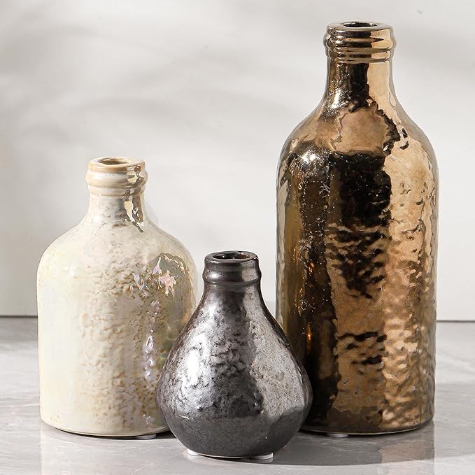 Ceramic Vase Set of 3 | Decorative Vases Home Decor | Flower Pampass Boho Modern Neutral Vase for Living Room, Table, Mantel, Entryway, Bookshelf, Kitchen, Bedroom, Bathroom - Multicolor
