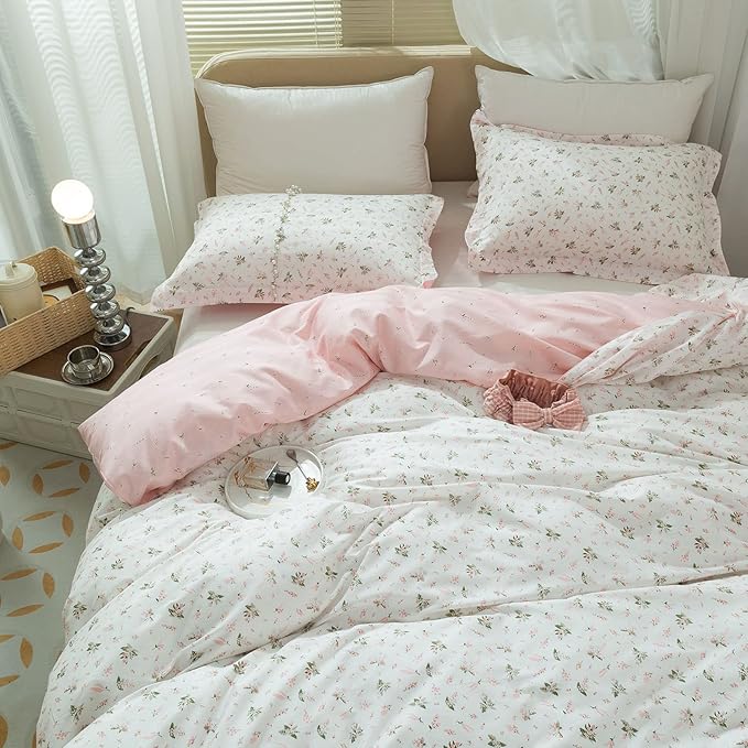 LifeTB Garden Style Duvet Cover Floral Print Bedding Sets King Pink White Floral Comforter Cover Cotton Chic Flower Print Duvet Cover for Girl Women Boho with Zipper Closure 4 Ties