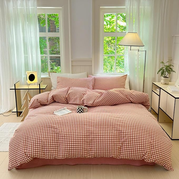 LifeTB Gingham Comforter Set King Modern Style Plaid Checkered Pattern Comforter Soft Fluffy Gingham Bedding Set Lightweight Red Orange Grid Bedding Comforter Farmhouse Checkered Comforter Set