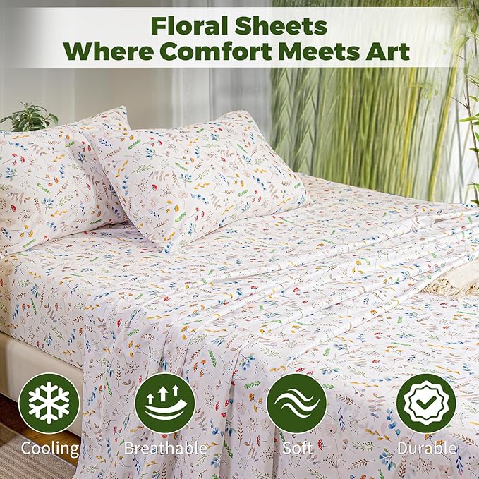 Bedlifes California King Floral 4-Piece Sheet Set - Cooling Sheets Blend Rayon Derived from Bamboo,Soft & Breathable, Deep Pocket 16", Wrinkle Resistant - Vibrant Boho Floral Design