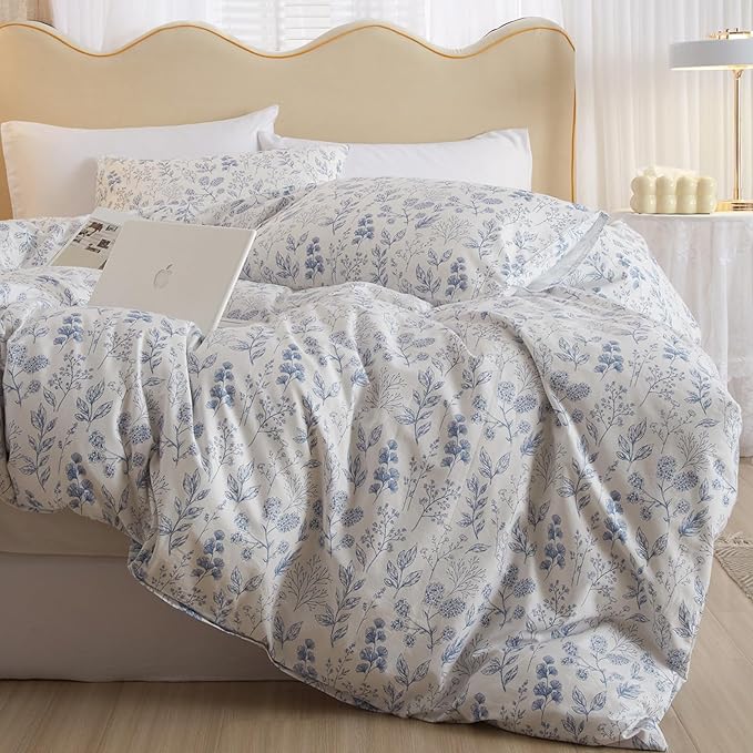 HighBuy Blue Floral Comforter Set King White King Bed Comforter Set Botanical Coquette Comforter Sets for Women Girl Boho Soft 3 Piece Bedding Set Lightweight Comforter and 2 Pillowcases