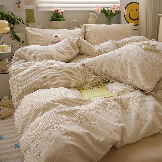 LifeTB Tan Gingham Comforter Set Full Romantic Lace Style Beige Taupe Plaid Comforter Set 3 Pieces Vintage Checkered Grid Comforter with 2 Pillowcases Fluffy Soft Farmhouse Gingham Bedding Set
