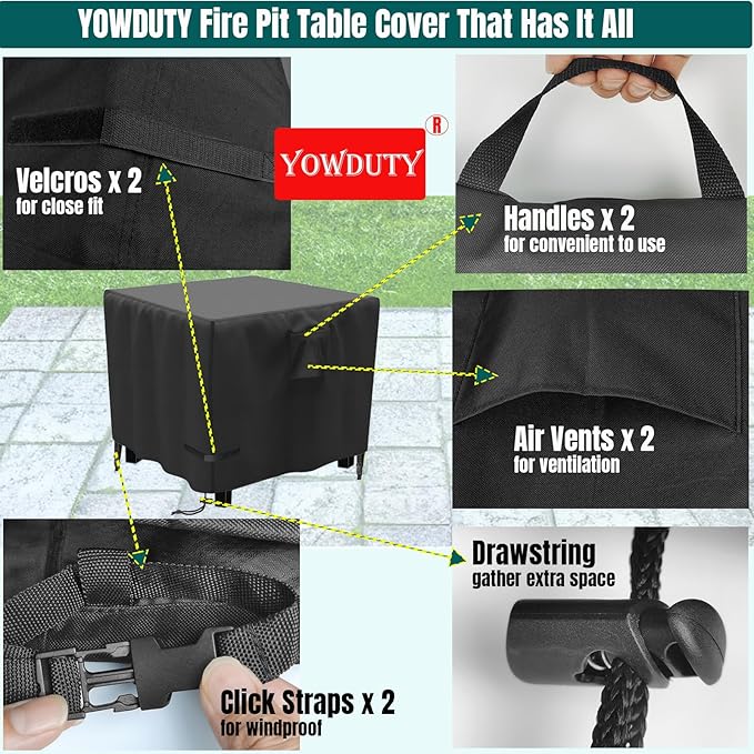 YOWDUTY Propane Fire Pit Cover Square 32 Inch, Waterproof Heavy Duty 600D Gas Fire Pit Table Cover 32 x 32 x 25 Inch, Fit 28/29/30/31/32 Inch Firepit Table, All-weather Protection For Patio