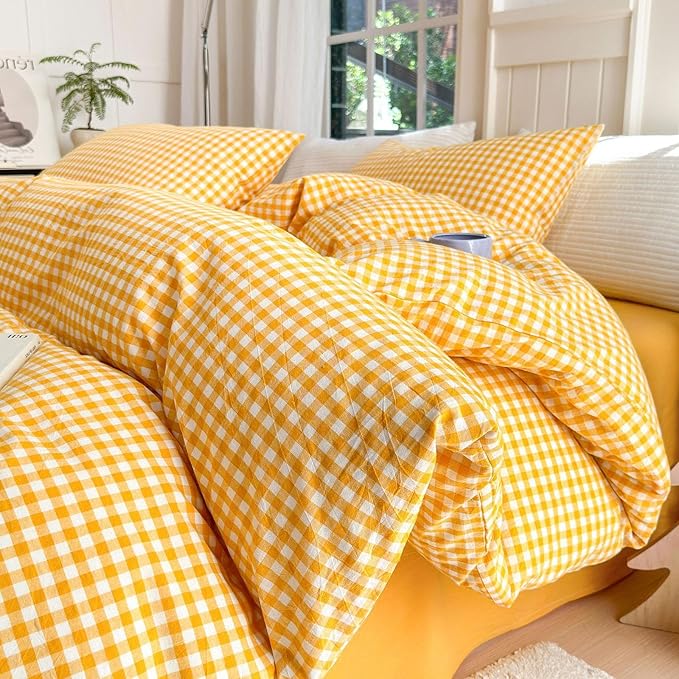 LifeTB Yellow Gingham Comforter Set Full Size Geometric Plaid Checkered Pattern Comforter Farmhouse Grid Plaid Bedding Comforter Set Soft Fluffy Lightweight Bedding Plaid Comforter for All Season