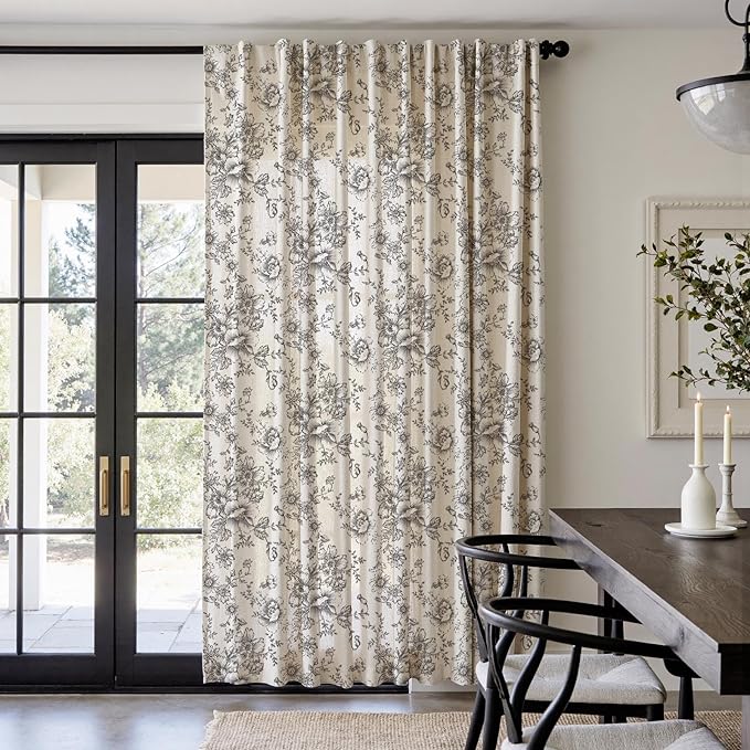 jinchan Linen Floral Curtains Extra Wide for Patio Sliding Glass Door Room Divider Curtain for Living Room 90 Inch Length Farmhouse Peony Black Printed Curtain Set 1 Panel