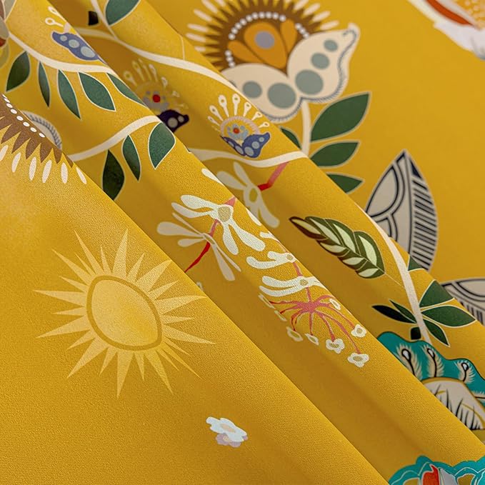 Mustard Yellow Vintage Floral Blackout Curtains & Drapes 90 Inches Long for Living Room Bedroom 2 Panels Boho Colorful Botanical Flower Leaf Printed Curtains Luxury Room Darkening Grommet Top 52x90