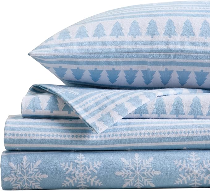 Market & Place 100% Cotton Full Flannel Sheet Set | 4 Piece Deep Pocket Novelty Cozy Winter Bed Sheets | Double Brushed for Extra Softness & Comfort | Alpine Collection (Full, Striped Snowflake)