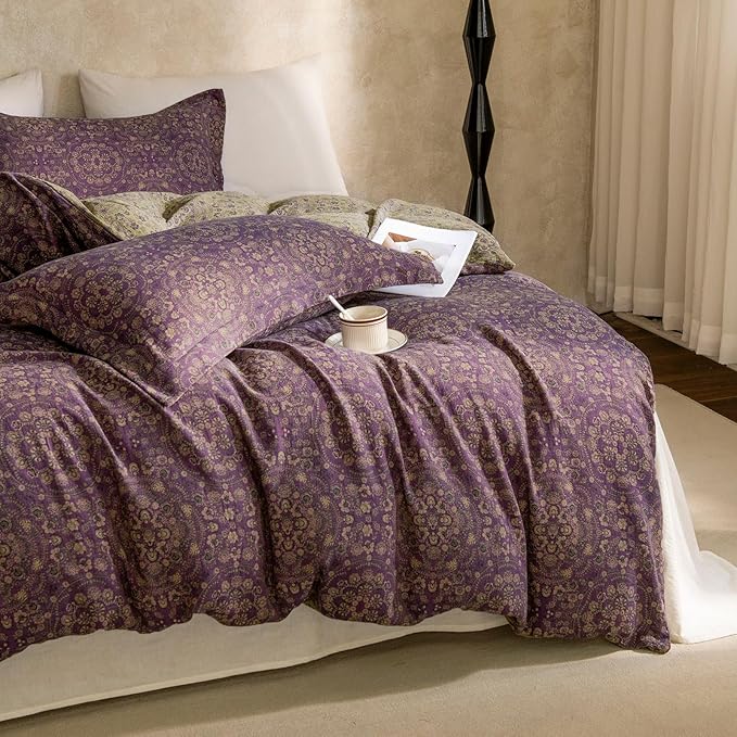 EAVD Soft 100% Cotton Muslin Yarn-Dyed Jacquard Textured Duvet Cover King Chic Shabby Purple Floral Duvet Cover with Zipper Closure Linen Like Gauze Floral Bedding Set with 2 Pillowcases