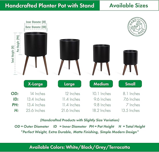 D'vine Dev 14 Inch Planter Pot with Stand, Mid-Century Tall Plant Pot with Legs for Indoor Plants, X-Large, Black, 88-O-D-2
