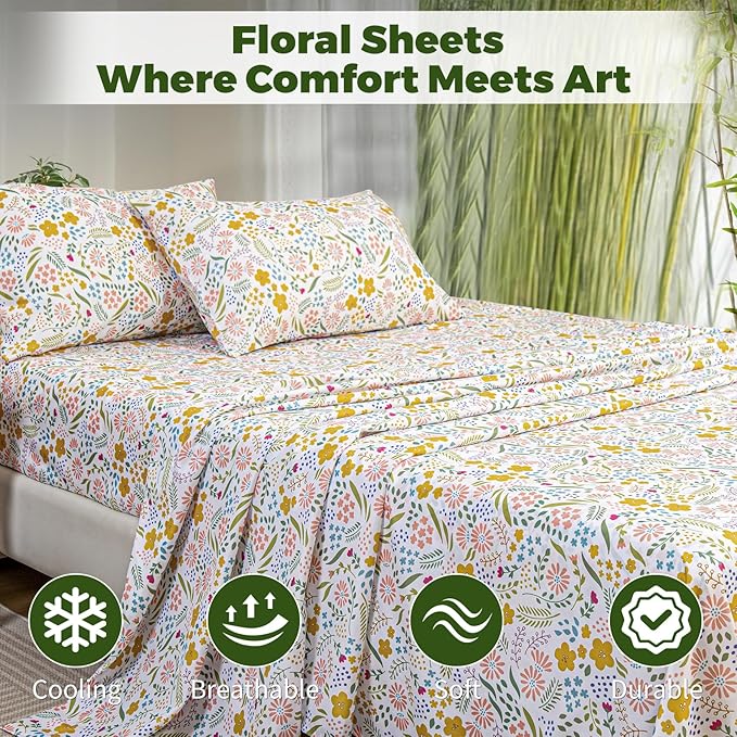 Bedlifes Twin Floral 3-Piece Sheet Set - Cooling Sheets Blend Rayon Derived from Bamboo,Soft & Breathable, Deep Pocket 16", Wrinkle Resistant -Featuring Floral