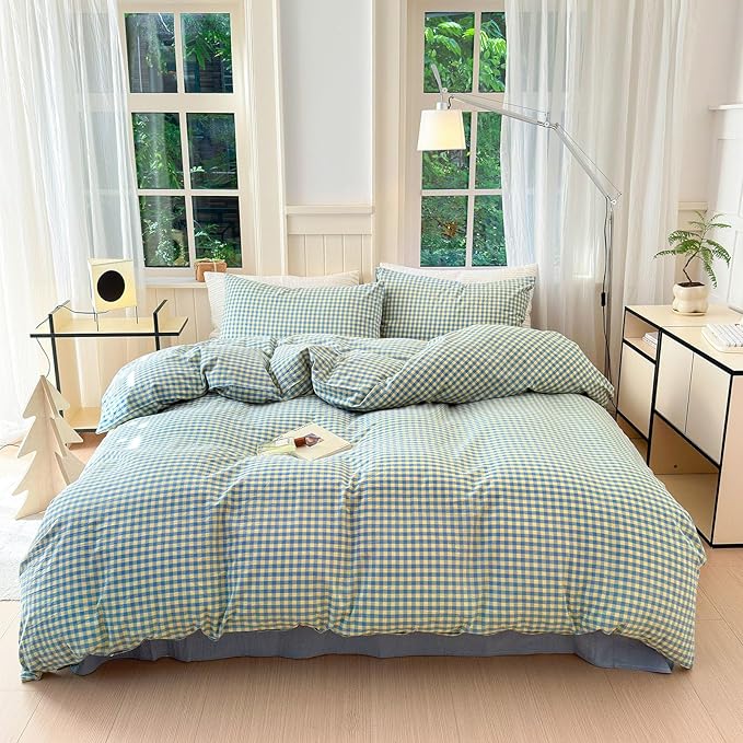 LifeTB Blue Yellow Gingham Comforter Set King 3 Pieces Soft Fluffy Grid Checkered Pattern Comforter with 2 Pillowcases Farmhouse Gingham Bedding Set Modern Style Geometric Plaid Comforter Set