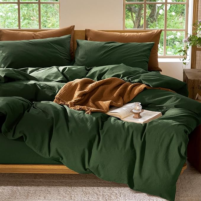 MooMee Bedding Duvet Cover Set 100% Washed Cotton Linen Like Textured Breathable Durable Soft Comfy (Solid Forest Green, Super King 108"x98")