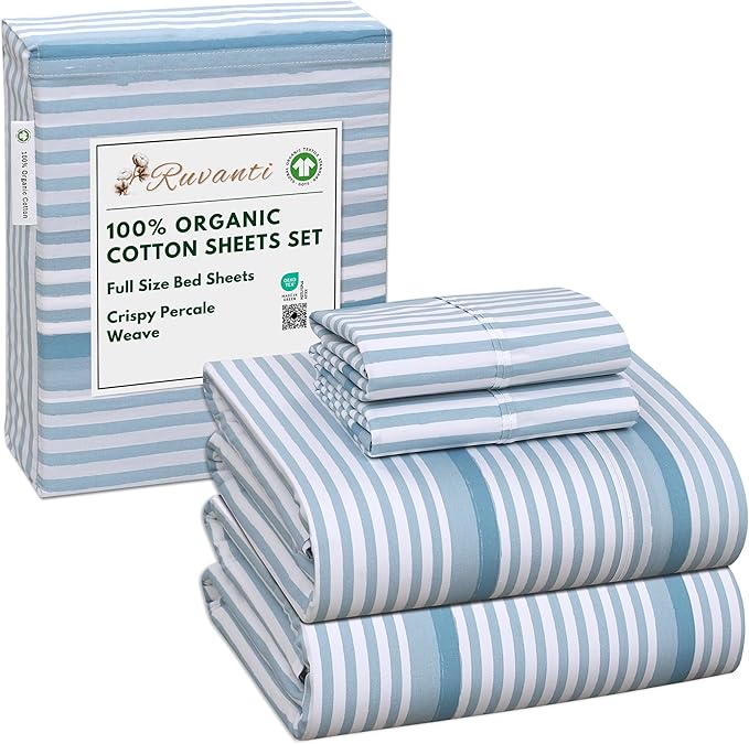 RUVANTI 100% Organic Cotton Sheets Full Size, Percale Weave, GOTS Certified, 4-Piece Set, Deep Pocket 15", Crisp & Breathable, Soft Durable Bedding, Sábanas Algodón Orgánico – Nautical Stripes