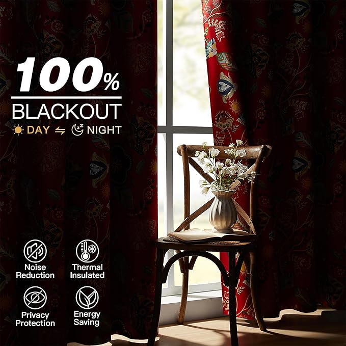 XiDi Red Floral Curtains 102 Inches Long 2 Panels 100% Blackout Vintage Botanical Leaf Patterned Curtains for Living Room Bedroom Thermal Insulated Room Darkening Luxury Colorful Drapes Grommet 52x102