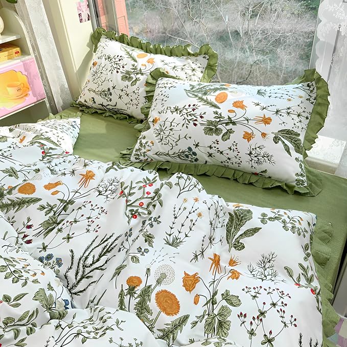 Romantic Floral Ruffle Duvet Cover Full 3 Pieces Botanical Duvet Cover Girls Flower Bedding Set 100% Cotton Vintage Floral Green Lace Bedding Flower Cottagecore Comforter Cover with 2 Pillowcases