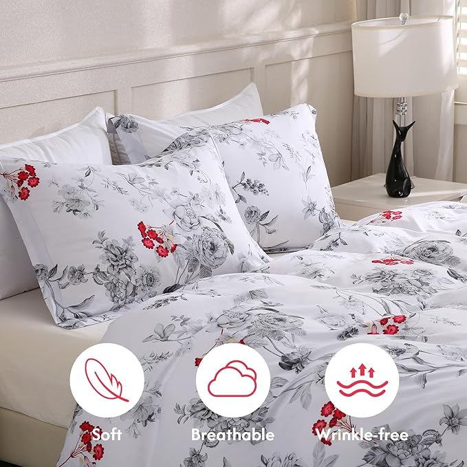 LONAVA King Flower 3 Pcs Duvet Cover Set, Breathable Soft Microfiber White Lining Comforter Cover with Zipper Closure, and 2 Anti-Pilling, Fade Resistant Pillowcases, Gothic Rose