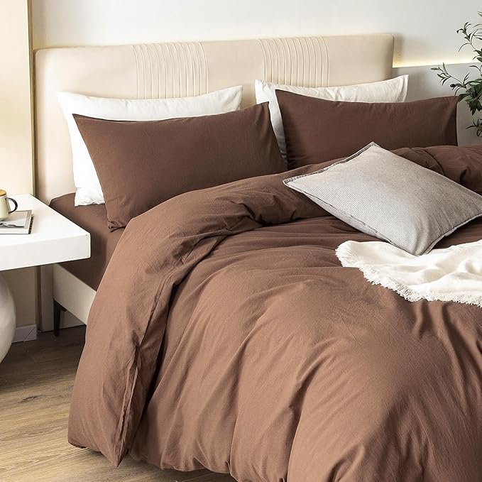 JIYUAN 100% Washed Cotton Duvet Cover Set 3 Pieces Full, 1 Duvet Cover 80x90 Inches(Comforter Not Included) and 2 Pillowcases,Linen Feel Bedding Set Comfy and Breathable,Chocolate Brown