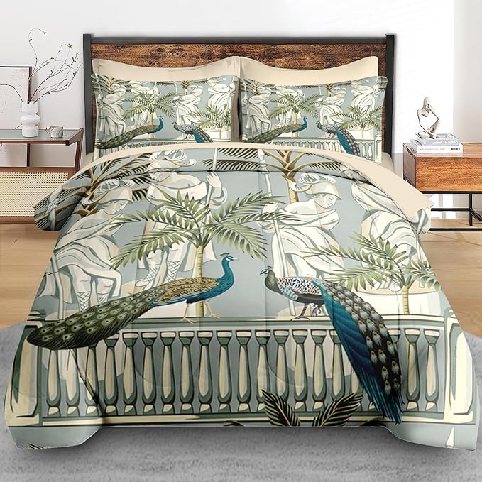 Comforter Set King Size, Peacock Bird Animal 7 Pcs Bedding for Kids and Adults, Floral Botanical Grey Green Bed Sheet Sets with Fitted Sheet 2 Pillowcase & 2 Sham for Bedroom Bed Decor