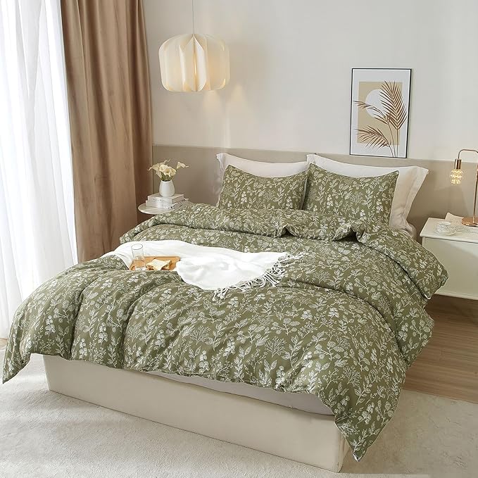 EAVD Vintage Style Garden Olive Green Floral Duvet Cover Twin XL Soft Cotton Chic Shabby Cute Floral Bedding Set with 2 Pillowcases Fresh Reversible Botanical Duvet Cover with Zipper Closure
