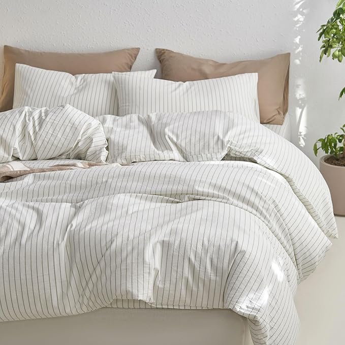 MooMee Striped Duvet Cover Set 100% Washed Cotton Linen Like Textured Breathable Durable Soft Comfy (White Sage Green Wide Stripes, Super Queen 90"x98")