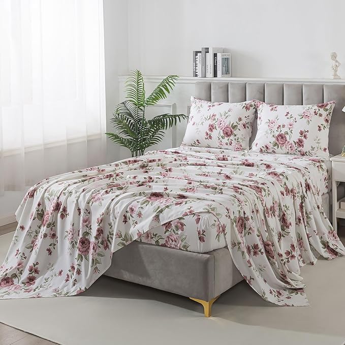 FADFAY Beige Vintage Floral Queen Size Sheets Set Premium 100% Cotton Shabby Brick Red Rose Pattern Bedding Set Deep Pocket Sheets with 2 Pillowcases Luxury Breathable Soft 4Pcs, Queen Size