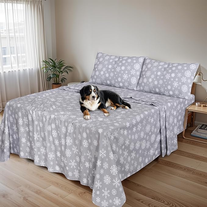 RUVANTI Flannel Sheets Queen Size - 100% Cotton Double Brushed Bed Sheets, Deep Pockets 16 Inches Queen Sheet Set, All Seasons Breathable & Extra Soft - Warm & Cozy, 4 Piece, Snowflakes